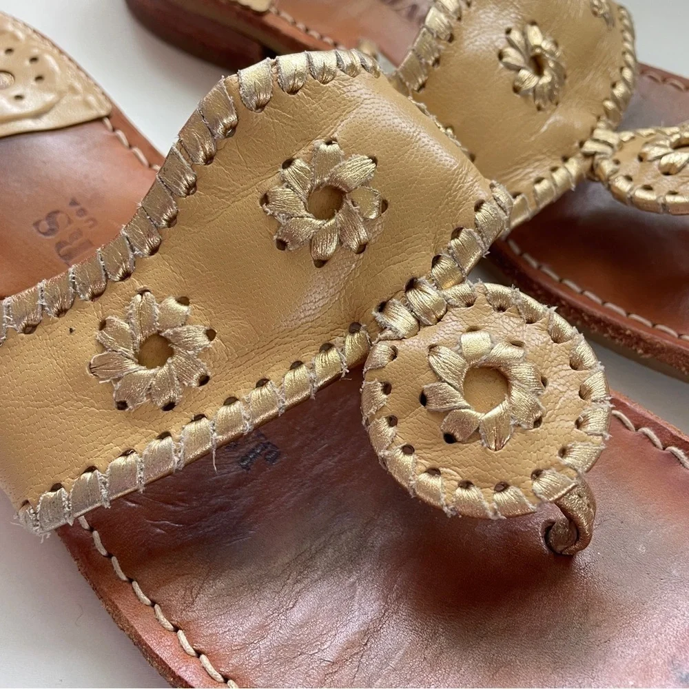 Jack Rogers Gold Tan Medallion Leather Classic Flat Sandals 6